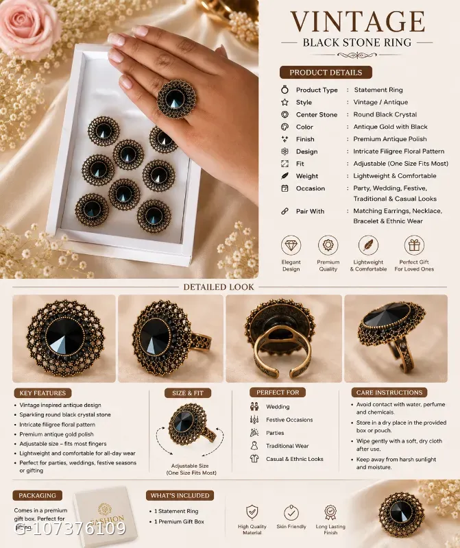 These rings appear to be Meesho's 3-set perfect rings for women, featuring a black artificial stone surrounded by a gold-plated circular design