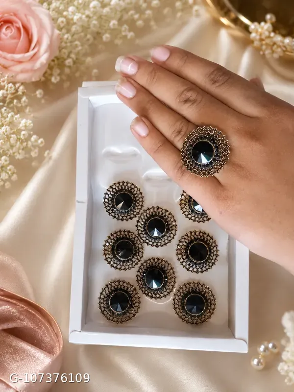 These rings appear to be Meesho's 3-set perfect rings for women, featuring a black artificial stone surrounded by a gold-plated circular design