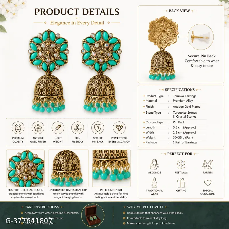 Antique Gold Plated Turquoise Stone Traditional Jhumka Earrings for Women & Girls