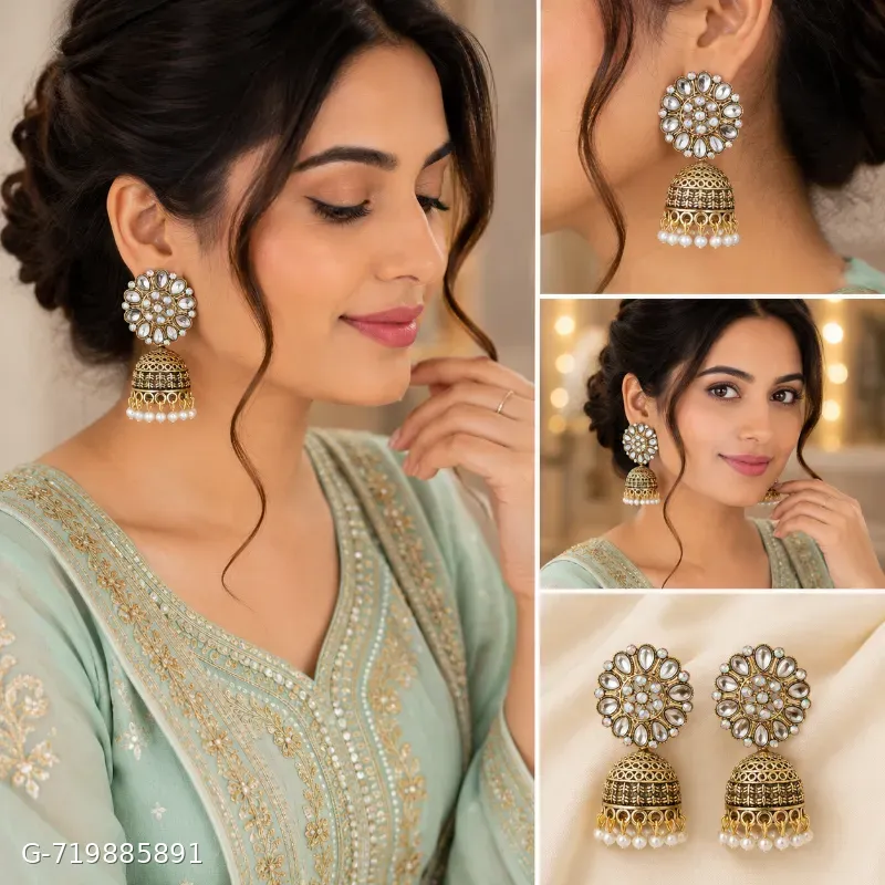 Antique Gold Plated Kundan Pearl Jhumka Earrings