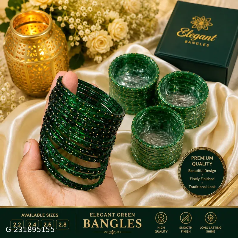 These green glass bangles feature a studded stone design and are often sold in sets of 12 for traditional occasions.
