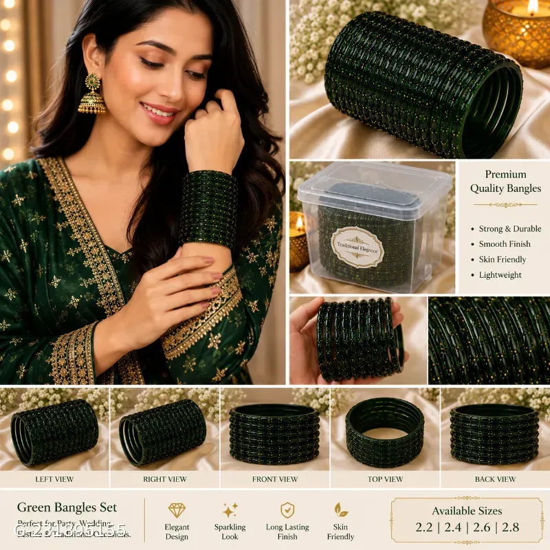 These green glass bangles feature a studded stone design and are often sold in sets of 12 for traditional occasions.