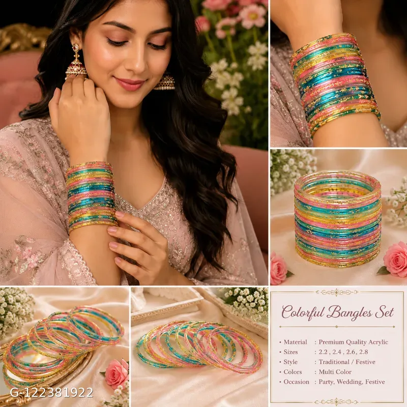 These Shevibe transparent multicolor glass bangles feature gold dotted details.