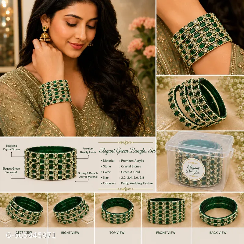 These green bangle sets feature gold-toned detailing and sparkling stone accents, perfect for adding a traditional touch to festive or bridal attire.