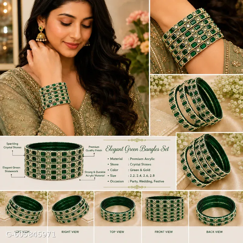 These green bangle sets feature gold-toned detailing and sparkling stone accents, perfect for adding a traditional touch to festive or bridal attire.