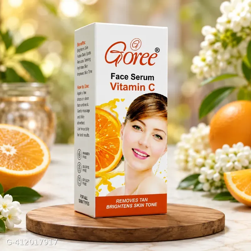 This Goree Vitamin C face serum box features prominent orange imagery and claims to remove tan and brighten skin tone.