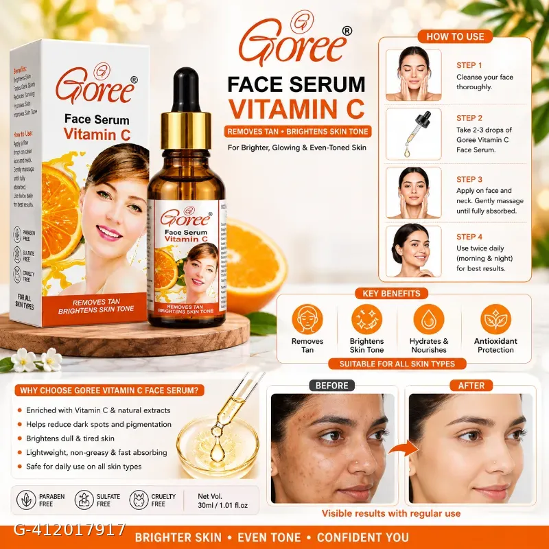 This Goree Vitamin C face serum box features prominent orange imagery and claims to remove tan and brighten skin tone.