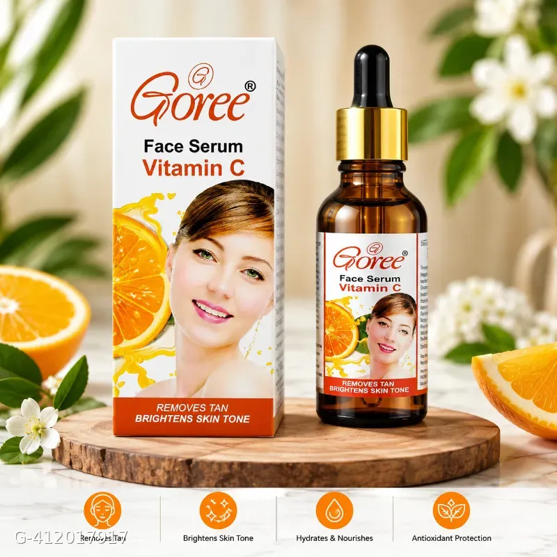 This Goree Vitamin C face serum box features prominent orange imagery and claims to remove tan and brighten skin tone.