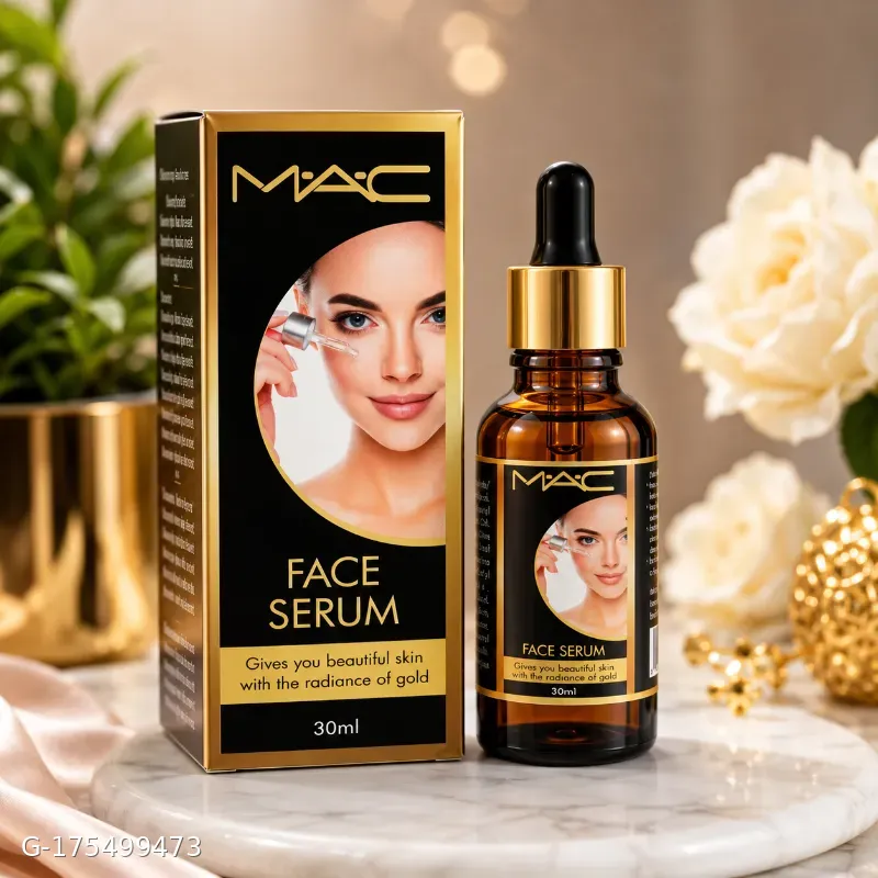 This image shows a gold-colored box for a 30ml Gold Radiance Face Serum, branded "MAC".