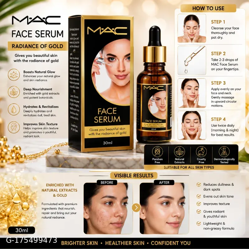 This image shows a gold-colored box for a 30ml Gold Radiance Face Serum, branded "MAC".