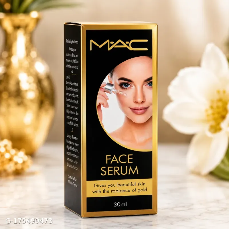This image shows a gold-colored box for a 30ml Gold Radiance Face Serum, branded "MAC".