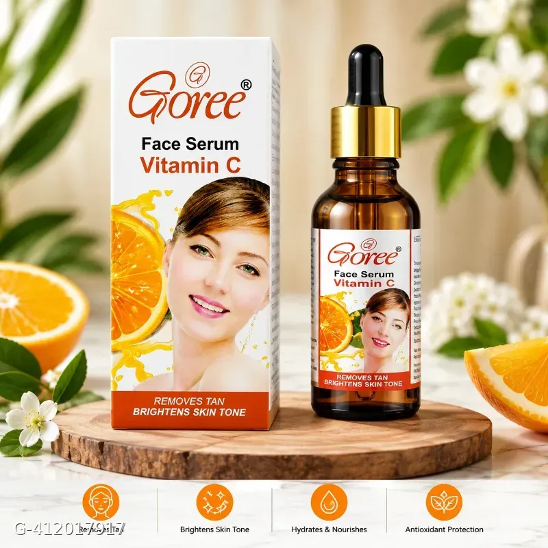 This Goree Vitamin C face serum box features prominent orange imagery and claims to remove tan and brighten skin tone.