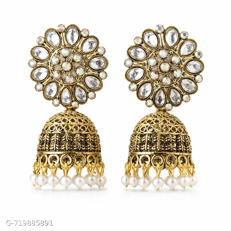 Antique Gold Plated Kundan Pearl Jhumka Earrings