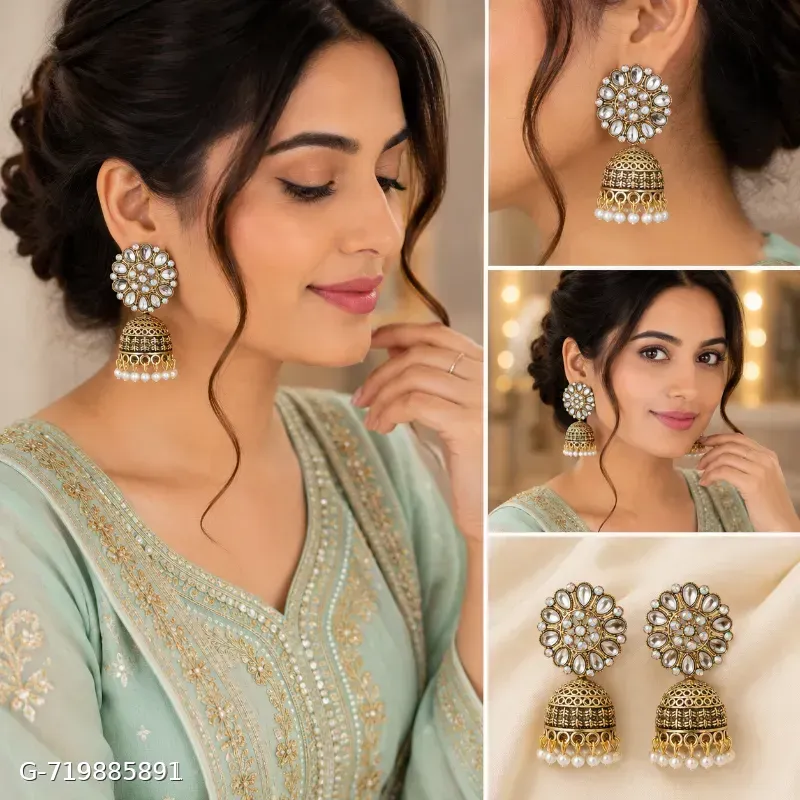 Antique Gold Plated Kundan Pearl Jhumka Earrings