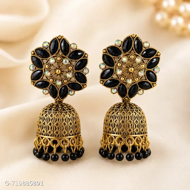 Antique Gold Plated Kundan Pearl Jhumka Earrings
