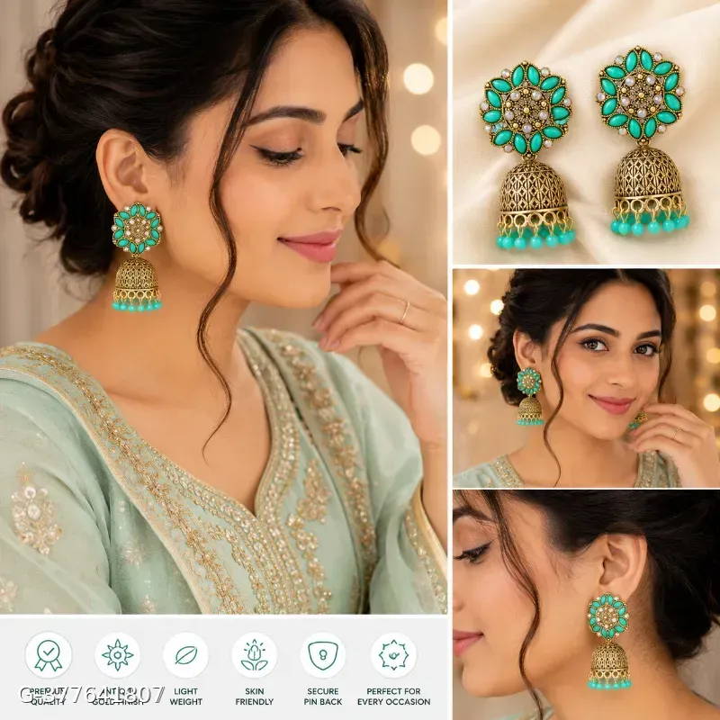 Antique Gold Plated Turquoise Stone Traditional Jhumka Earrings for Women & Girls