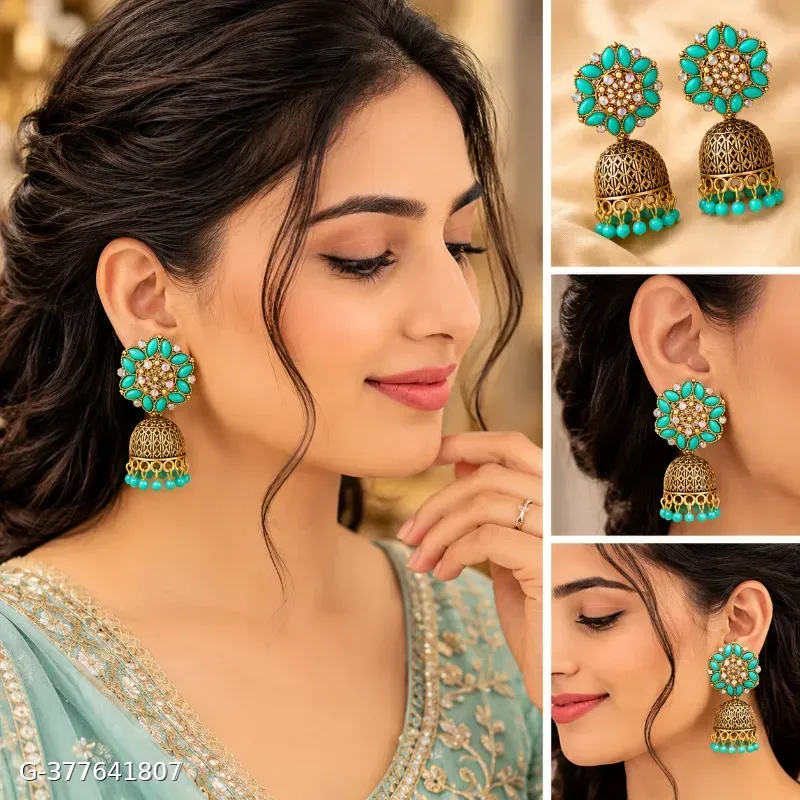 Antique Gold Plated Turquoise Stone Traditional Jhumka Earrings for Women & Girls