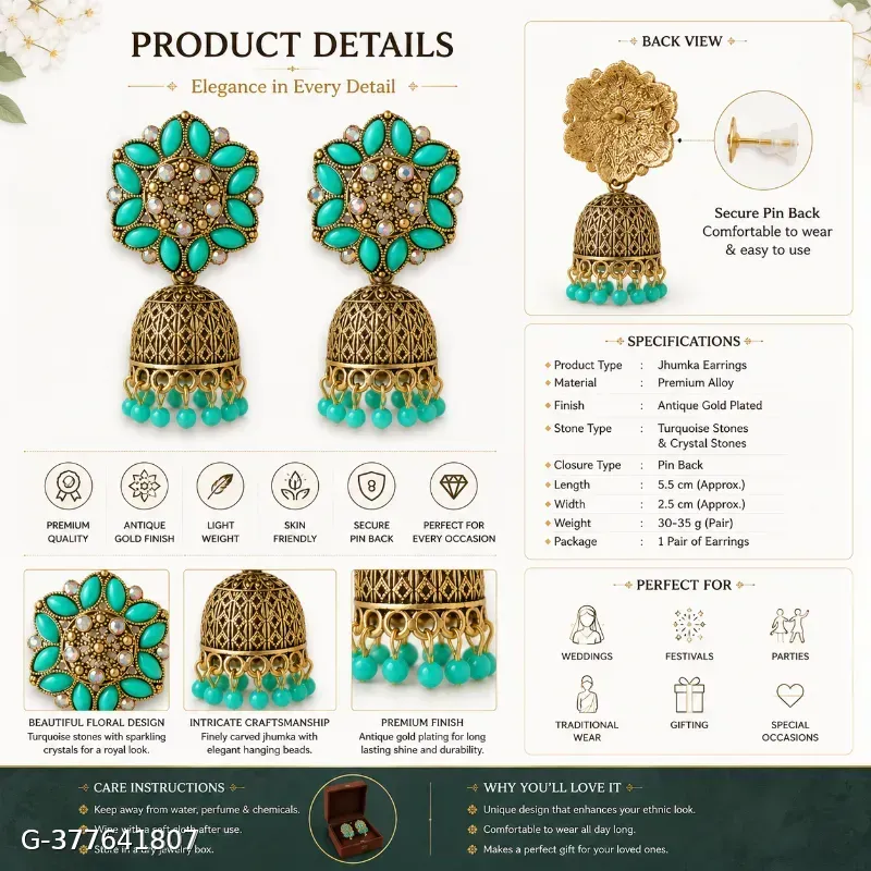 Antique Gold Plated Turquoise Stone Traditional Jhumka Earrings for Women & Girls