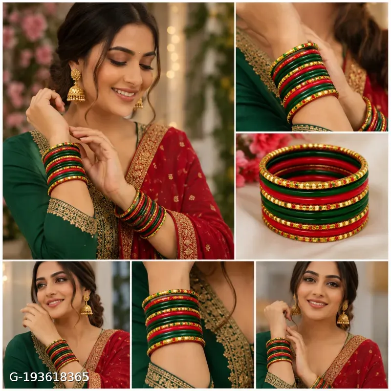 Glass Bangles Set for Women | Red & Green Traditional Chudi Set | Wedding, Karwa Chauth, Teej, Festival Wear | Shiny Finish