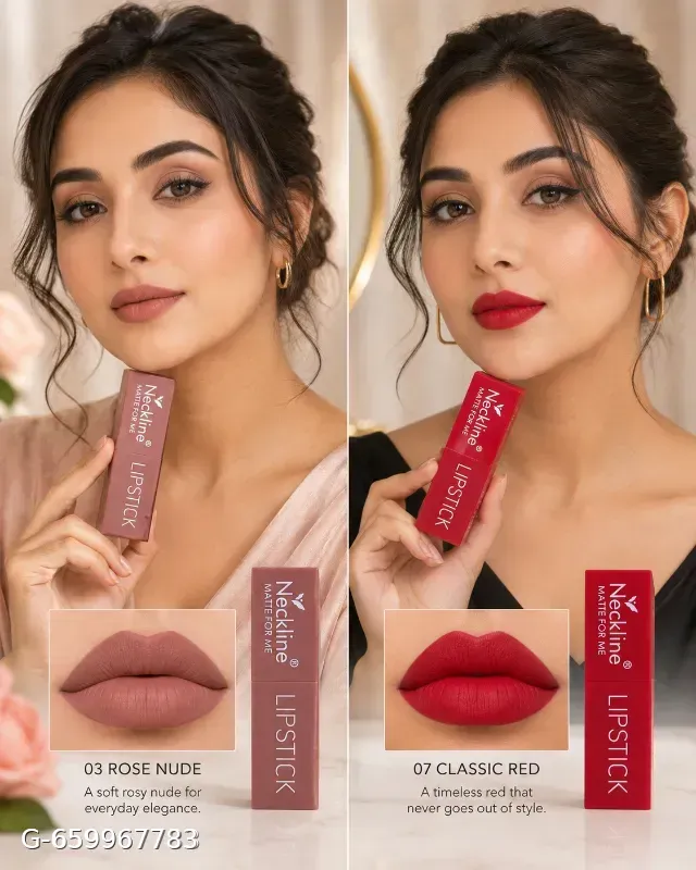 These are Neckline Matte For Me lipsticks, featuring a matte finish and available in sets of 2 versatile shades.