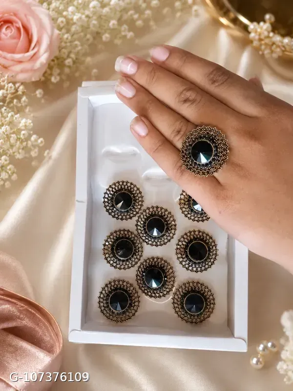 These rings appear to be Meesho's 3-set perfect rings for women, featuring a black artificial stone surrounded by a gold-plated circular design