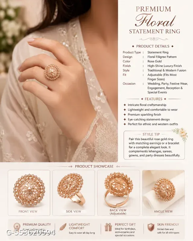 📸 Caption "Shine with timeless elegance! ✨ Premium Rose Gold Floral Statement Ring – the perfect finishing touch for every special occasion."