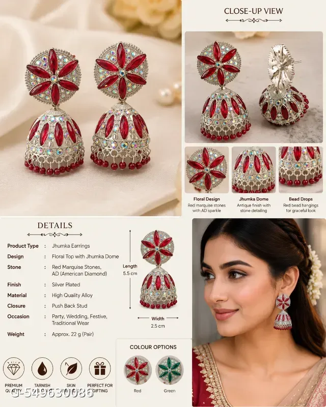 These are Gaurangi Fashion World Big Size Pearls Drop Bell Earrings, featuring red stones and silver plating.