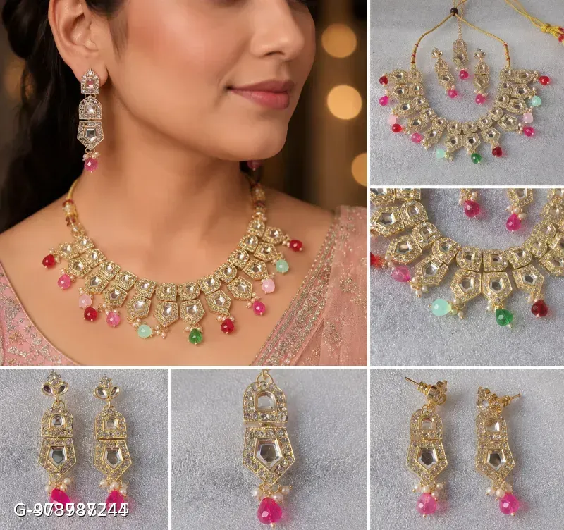 This Karatcart gold-plated Polki Kundan choker set features geometric stone settings accented with multi-colored enamel beads.