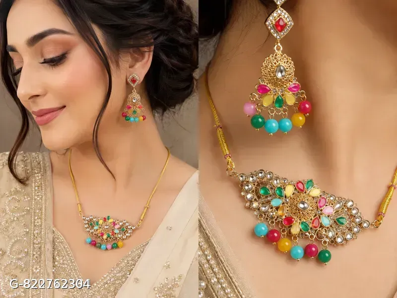 This gold-plated Kundan choker set features multicolored beads and artificial stones, resembling traditional Indian bridal jewelry