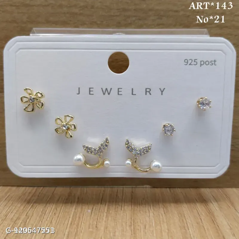 3 Pairs Gold Plated Floral, Pearl & Crystal Stud Earrings Set for Women & Girls