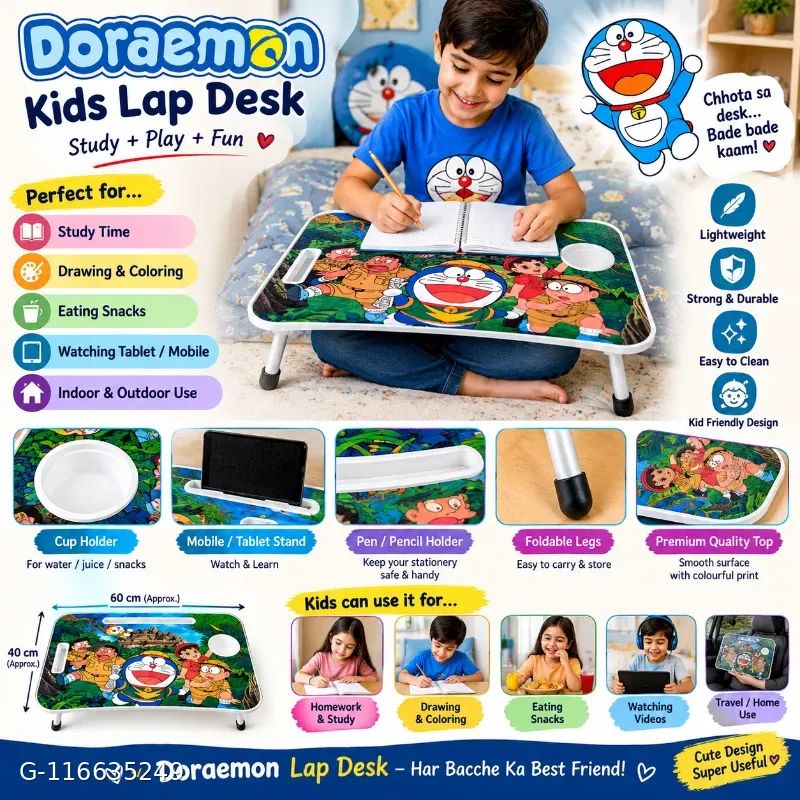 This is a foldable wooden kids' lap desk featuring a colorful Doraemon cartoon print, a built-in cup holder, and a convenient slot for a phone or tablet