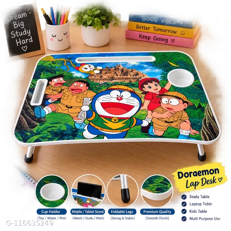 This is a foldable wooden kids' lap desk featuring a colorful Doraemon cartoon print, a built-in cup holder, and a convenient slot for a phone or tablet