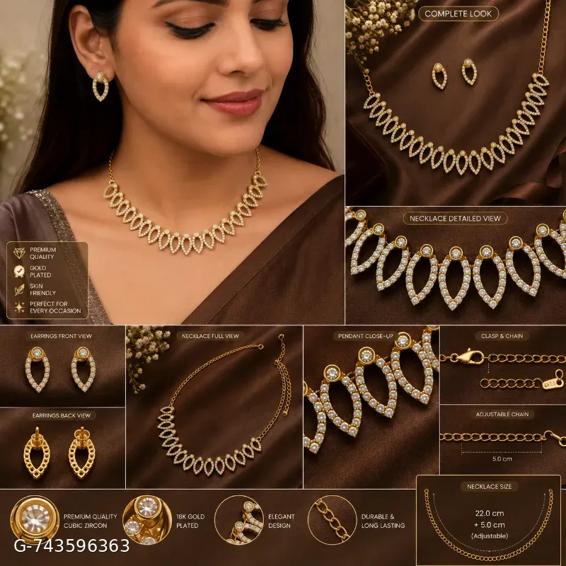 This is an elegant gold-plated necklace and matching earring set featuring delicate leaf-shaped motifs studded with sparkling cubic zirconia stones