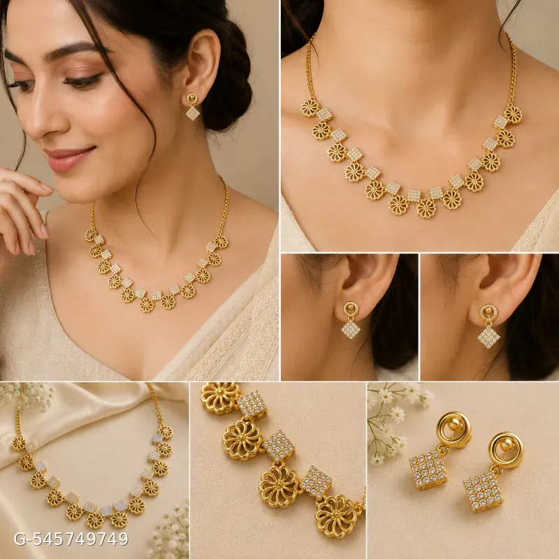 The image shows a gold-plated floral and crystal square-link necklace set with matching geometric stud earrings