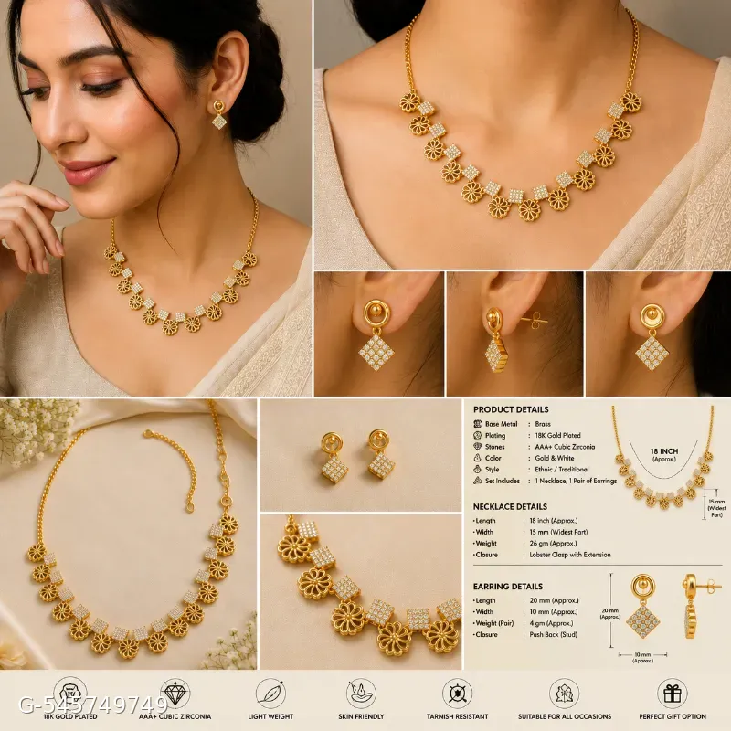 The image shows a gold-plated floral and crystal square-link necklace set with matching geometric stud earrings