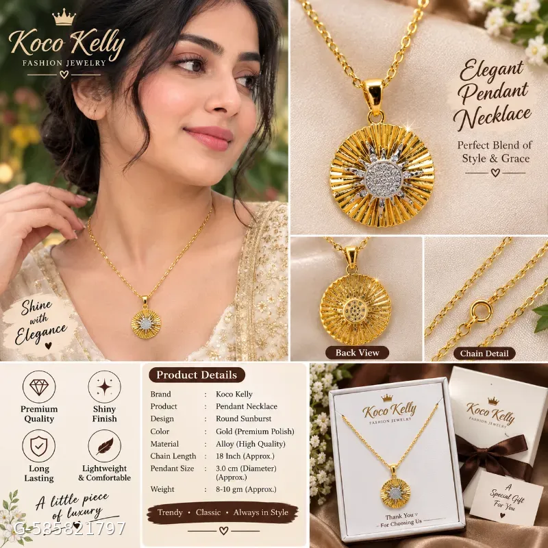 This is a gold-toned sun pendant necklace by Koco Kelly featuring a textured sunburst design with a sparkling center and a matching link chain.