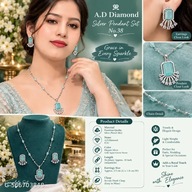 This is a silver-toned necklace and earring set featuring striking sea-green emerald-cut stones accented with sparkling cubic zirconia
