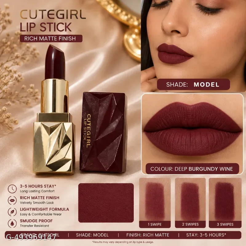 The image displays an aesthetic arrangement of a deep maroon lipstick with a faceted, geometric gold base and matching cap labeled "CuteGirl Lip Stick."