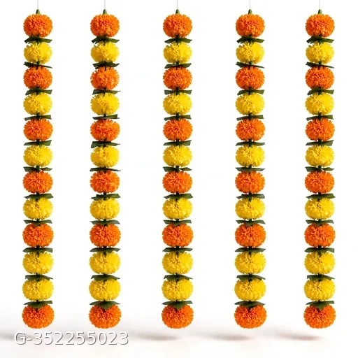GLETRA Artificial Marigold Flower Garland - Orange Yellow with Green Leaves | 5 Feet Long | Pack of 5 Pcs | Toran for Door, Diwali, Wedding Decor