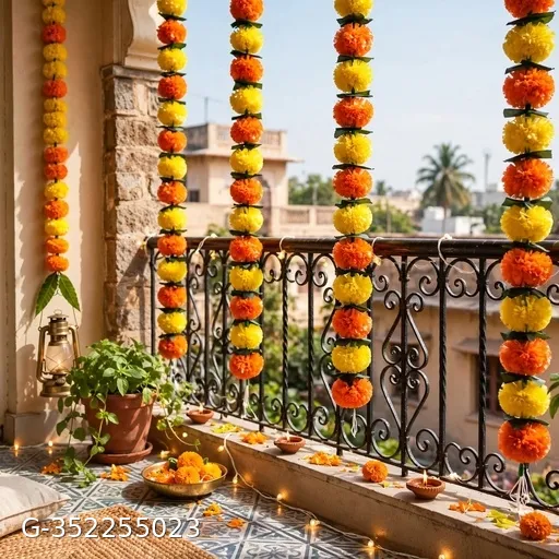GLETRA Artificial Marigold Flower Garland - Orange Yellow with Green Leaves | 5 Feet Long | Pack of 5 Pcs | Toran for Door, Diwali, Wedding Decor