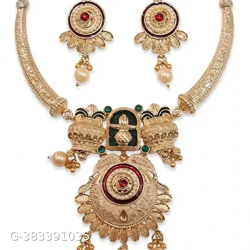 Traditional Rajwadi Gold Plated Necklace Set for Women | Temple Kalash Design Hasli Choker with Earrings | Meenakari Pearl Jewellery Set for Karwa Chauth & Wedding