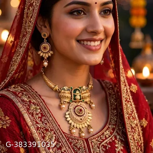 Traditional Rajwadi Gold Plated Necklace Set for Women | Temple Kalash Design Hasli Choker with Earrings | Meenakari Pearl Jewellery Set for Karwa Chauth & Wedding