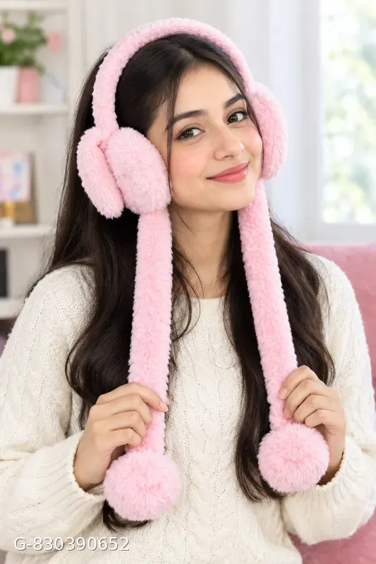 Pink Plush Earmuffs with Long Pom-Pom Ties