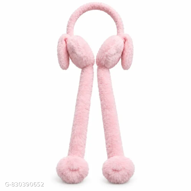 Pink Plush Earmuffs with Long Pom-Pom Ties