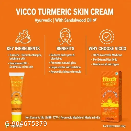 Vicco Turmeric Skin Cream With Sandalwood Oil - Ayurvedic Cream - 15g