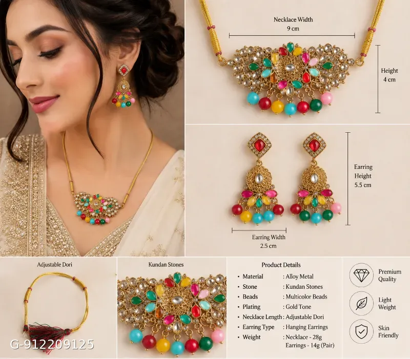 This gold-plated Kundan choker set features multicolored beads and artificial stones, resembling traditional Indian bridal jewelry