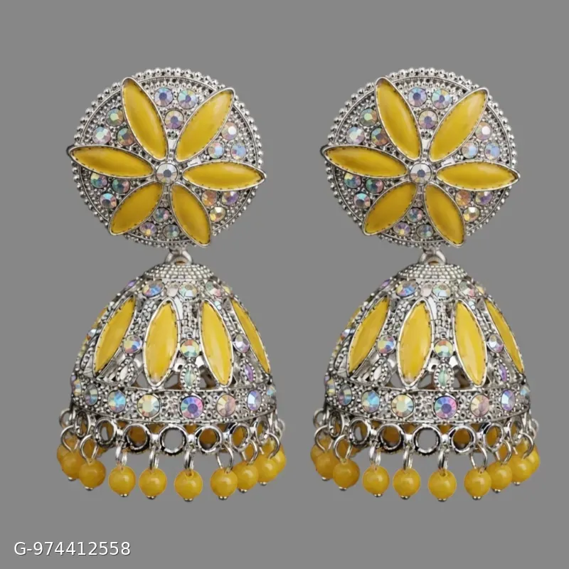 Women's Oxidised Silver-Plated Yellow Floral Jhumka Earrings | Traditional Ethnic Party Wear Earrings
