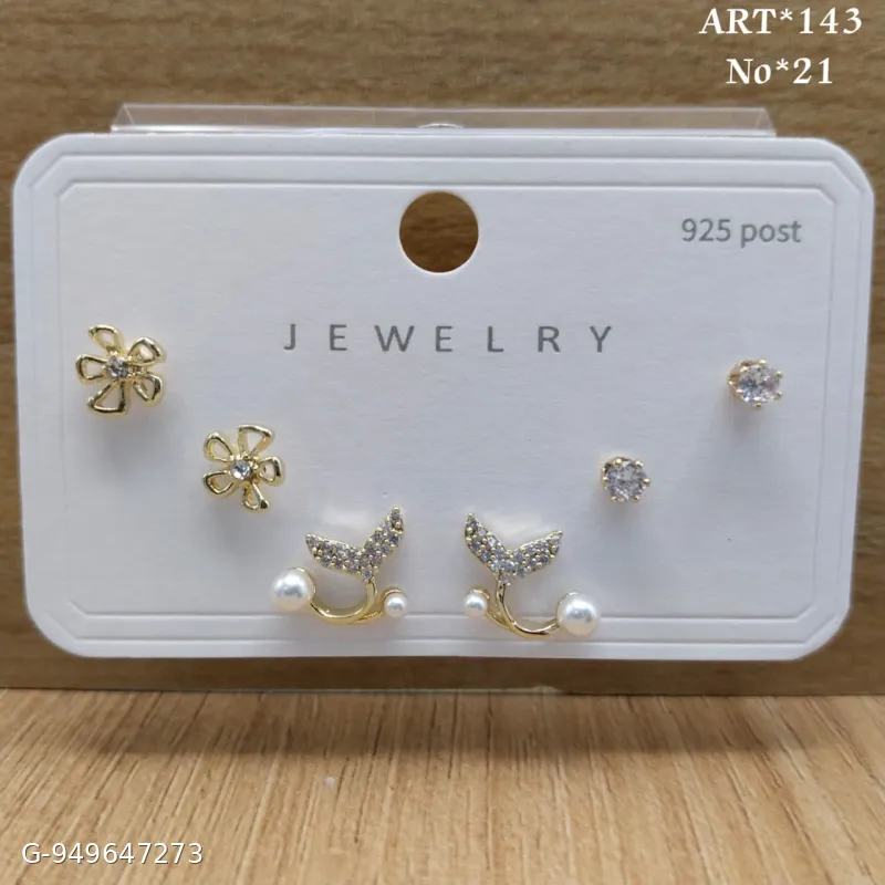 3 Pairs Gold Plated Floral, Pearl & Crystal Stud Earrings Set for Women & Girls